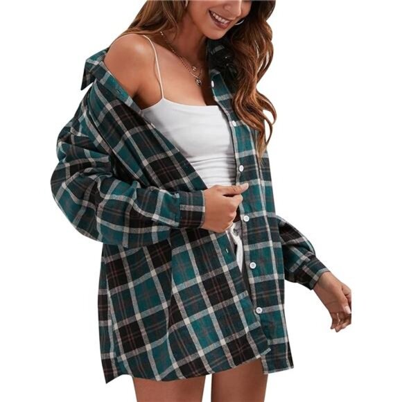 Tops - Womens Flannel Plaid Shirts Oversized Button Down Green
